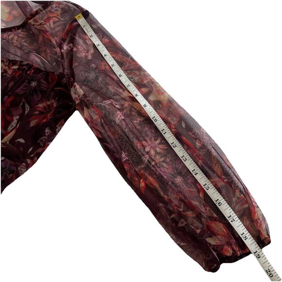 Candalite Midi Dress Womens Medium Burgundy Floral Mesh Overlay Sheer Sleeves - Picture 7 of 11